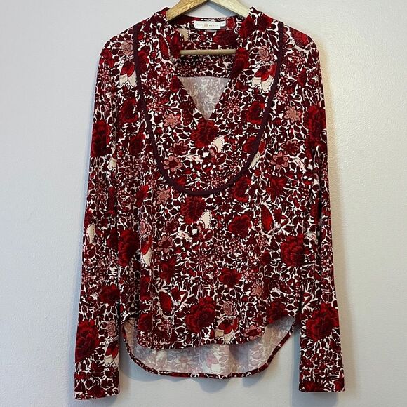 Tory Burch Tops - Tory Burch Floral Botanical Printed V Neck Peasant Top Small Red Spring Boho